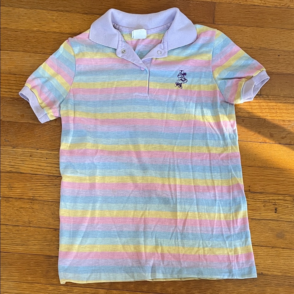 Vintage 80s Womens Striped Disney Embroidered Minnie Mouse Polo Collared Shirt M